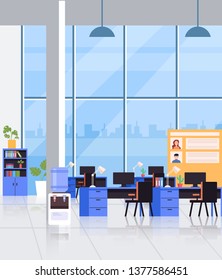 Big empty office interior workplace workspace concept. Vector flat cartoon graphic design illustration