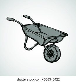 Big empty rustic yard wagon isolated on white backdrop. Outline black ink hand drawn picture sketchy in scribble retro style pen on paper. Closeup view