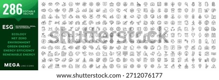 Big ESG line icons mega collection. Environmental, Social, Governance, solar panels, recycling, green city, ecology, renewable energy, energy efficiency, net zero, big UI icon set. Editable stroke