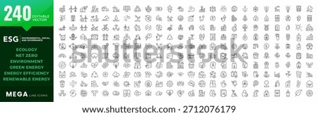 Big ESG line icons mega collection. Environmental, Social, Governance, solar panels, recycling, green city, ecology, renewable energy, energy efficiency, net zero, big UI icon set. Editable stroke