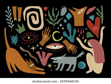 Big esoteric set. Hands, woman, animals, plants, abstract elements on a black background. Vector illustration