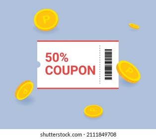 A big event where you get a 50% coupon illustration set. bar code, coin, rich, point, paper. Vector drawing. Hand drawn style.