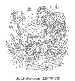 Big evil toad and cute little mermaid prisoner. Frog and underwater princess fish girl in aquarium. Swamp nature. Fantasy adventure drawing. Detailed coloring page. Cartoon vector illustration. 