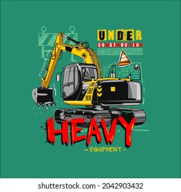 Big excavator in action. Vector cartoon illustration