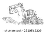 Big excavator is digging the ground at work. Hand drawn vector sketch