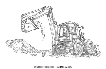 Big excavator is digging the ground at work. Hand drawn vector sketch