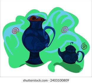A big exotic, dark blue cup of tea and a small teapot; green romantic background. This cartoon, comic illustration can be used as a logotype for cafes, cafeterias, bars, tea shops. Vector, isolated.