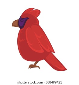 Big exotic red bird with violet face and brown beak isolated on white. Side view of parrot vector illustration. Standing isolated bird icon with dark red feather in flat design.