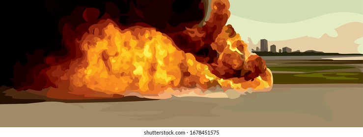 Big explosion against the background of the city, vector illustration