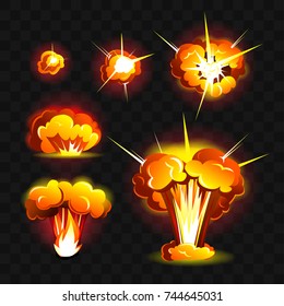 Big explosion - modern vector realistic isolated clip art on transparent background. Burning orange, yellow, red fires of different shapes. Concept of energy, danger, power, damage, natural disaster