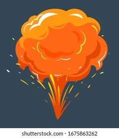 Big explosion with orange cloud of dust. Isolated bang in motion with fire, bright and radial bursting. Nuclear or chemical outburst of energy. Vector illustration of flash point in flat style