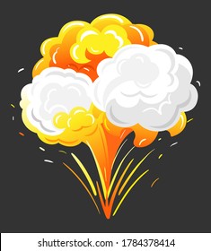 Gran explosión con nubes naranjas y grises de fuego y polvo. Bang aislado en movimiento, ráfagas brillantes y radiales. Brotes químicos de energía. Ilustración vectorial del impacto de ráfagas en estilo plano