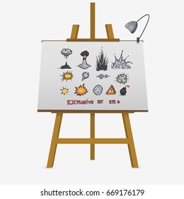 Big explosions set. Hand drawing on easel. Vector stock illustration