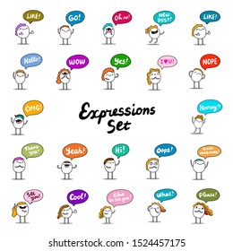 Big expressions set hand drawn vector illustration in cartoon comic style yes cool like good morning nope hi glad to see you love omg