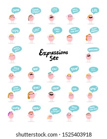 Big expressions set hand drawn vector illustrations in cartoon comic style people woman male happy sad depressive cheerful speech bubbles pastel colors
