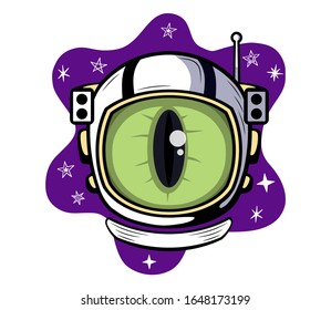 Big eye in a spacesuit, in space among the stars