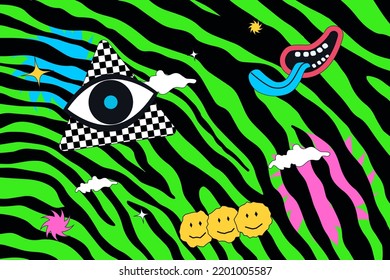 A big eye, strange mouth and emojis in a zebra background. Trippy psychedelic illustration.