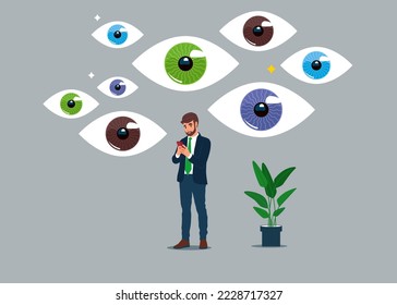 Big eyeball snooping on the mobile transactions of people. Privacy as personal data protection with security safety. Web cyberspace information protection scene. Vector illustration.
