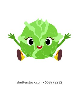 Big Eyed Cute Girly Cabbage Character Sitting, Emoji Sticker With Baby Vegetable