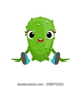 Big Eyed Cute Girly Cucumber Character Sitting, Emoji Sticker With Baby Vegetable