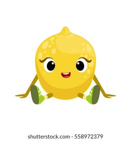 Big Eyed Cute Girly Lemon Character Sitting, Emoji Sticker With Baby Fruit