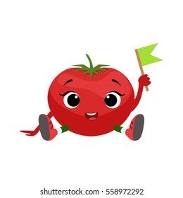 Big Eyed Cute Girly Tomato Character Sitting, Emoji Sticker With Baby Vegetable