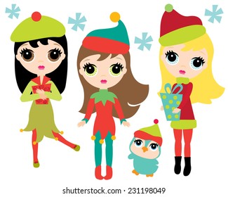Big Eyed Doll Faced Girls and Penguin in Christmas Elf Outfits