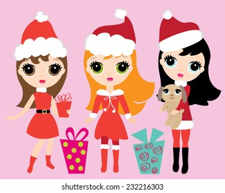 Big Eyed Doll Girls in Christmas Santa Outfits 