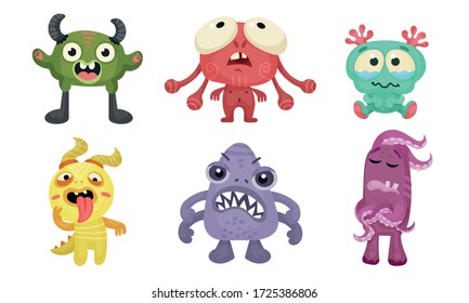 Big Eyed Monsters with Horns Expressing Emotions Vector Set