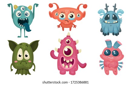 Big Eyed Monsters with Horns Expressing Emotions Vector Set