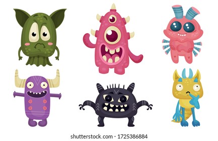 Big Eyed Monsters with Horns Expressing Emotions Vector Set