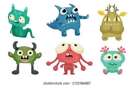 Big Eyed Monsters with Horns Expressing Emotions Vector Set