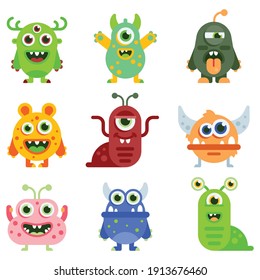 Big Eyed Monsters with Horns Expressing Emotions Vector Set. Monster colorful round silhouette icon set. Eyes, tongue, tooth fang, hands up. Cute cartoon kawaii scary funny baby character.