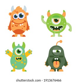 Big Eyed Monsters with Horns Expressing Emotions Vector Set. Monster colorful round silhouette icon set. Eyes, tongue, tooth fang, hands up. Cute cartoon kawaii scary funny baby character.