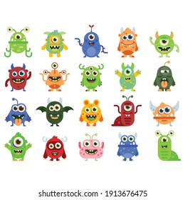 Big Eyed Monsters with Horns Expressing Emotions Vector Set. Monster colorful round silhouette icon set. Eyes, tongue, tooth fang, hands up. Cute cartoon kawaii scary funny baby character.