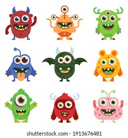 Big Eyed Monsters With Horns Expressing Emotions Vector Set. Monster Colorful Round Silhouette Icon Set. Eyes, Tongue, Tooth Fang, Hands Up. Cute Cartoon Kawaii Scary Funny Baby Character.