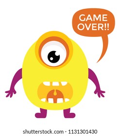 
A big eyed and opened big mouth, game monster screaming with Game over message bubble 
