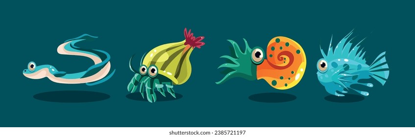 Big Eyed Sea Animal and Marine Creature Vector Set