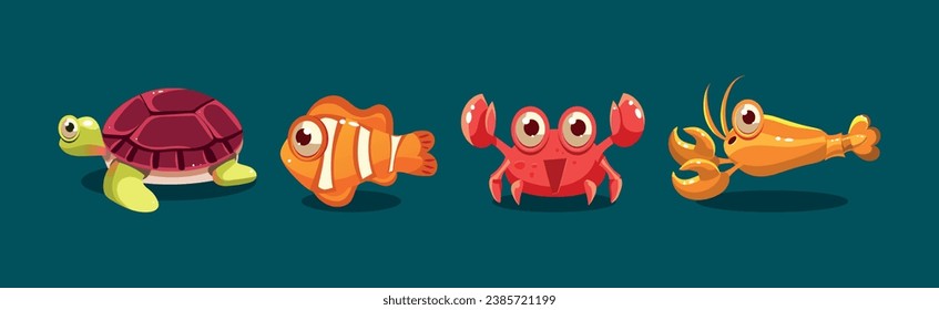 Big Eyed Sea Animal and Marine Creature Vector Set