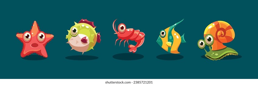 Big Eyed Sea Animal and Marine Creature Vector Set