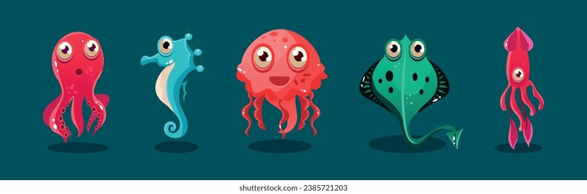 Big Eyed Sea Animal and Marine Creature Vector Set