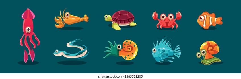 Big Eyed Sea Animal and Marine Creature Vector Set