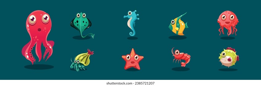 Big Eyed Sea Animal and Marine Creature Vector Set