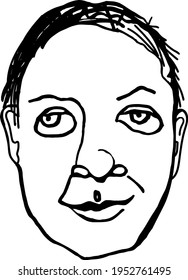 El hombre de ojos grandes se enfrenta al vector aislado. Retrato de bosquejo de mano de hombre de edad media. 