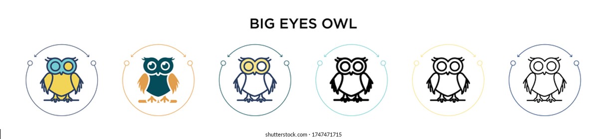 Big eyes owl icon in filled, thin line, outline and stroke style. Vector illustration of two colored and black big eyes owl vector icons designs can be used for mobile, ui, web