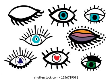 Big Eyes Set Different Forms Hand Drawn Vector Illustrations In Cartoon Comic Style Open Closed Colored Heart Symbol Green