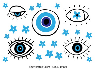 Big eyes set different forms hand drawn vector illustrations in cartoon comic style blue black white stars