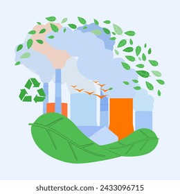 Big factory with pipes covered with green leaves vector illustration. Eco-friendly manufacturing, protecting environment concept