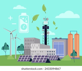 Big factory with solar panels, wind turbines vector illustration. Battery with green energy and leaves. Eco-friendly manufacturing, protecting environment concept