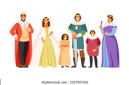 Big fairy-tale Royal family. King, Queen, Prince, Princess, Royal children Vector illustration